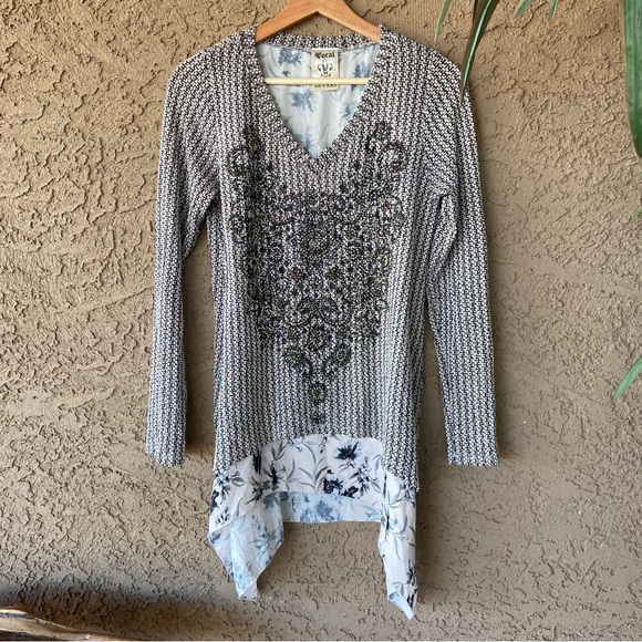 Layered Knit Sweater/TUNIC with Crystal Embellished Chest by VOCAL - Picture 1 of 9